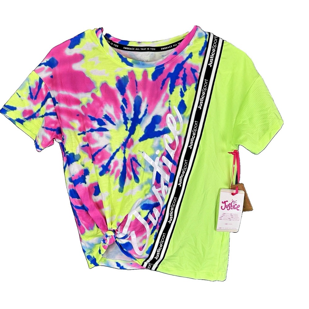 Justice Girls M Tie-Dye Colorblock Logo T-Shirt Green Pink Blue Crew Neck SS